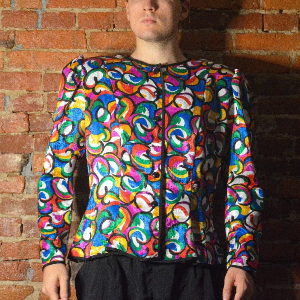 Vintage 80s Rainbow Swirl Pattern Shoulder Pad Top